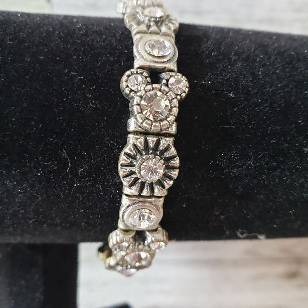 Disney Mickey Icon Rhinestone Metal Charm Stretch Bracelet Band Mouse Flower 7"